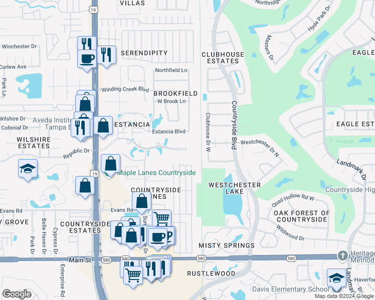 map of restaurants, bars, coffee shops, grocery stores, and more near 1510 Hammock Pine Boulevard in Clearwater