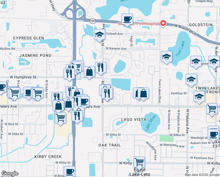 map of restaurants, bars, coffee shops, grocery stores, and more near 8421 Sycamore Tree Drive in Tampa