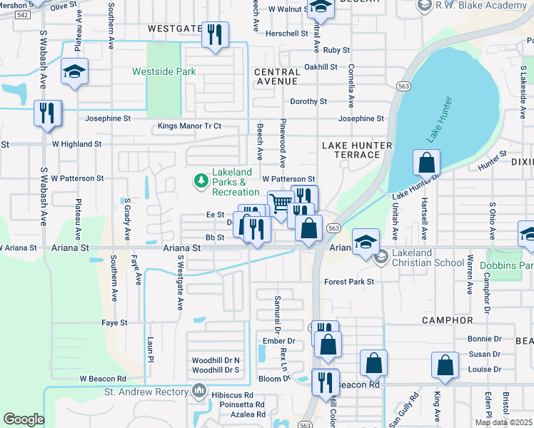map of restaurants, bars, coffee shops, grocery stores, and more near 1324 West Belmar Street in Lakeland