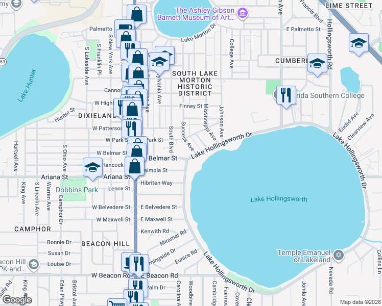 map of restaurants, bars, coffee shops, grocery stores, and more near 1 Lake Hollingsworth Drive in Lakeland