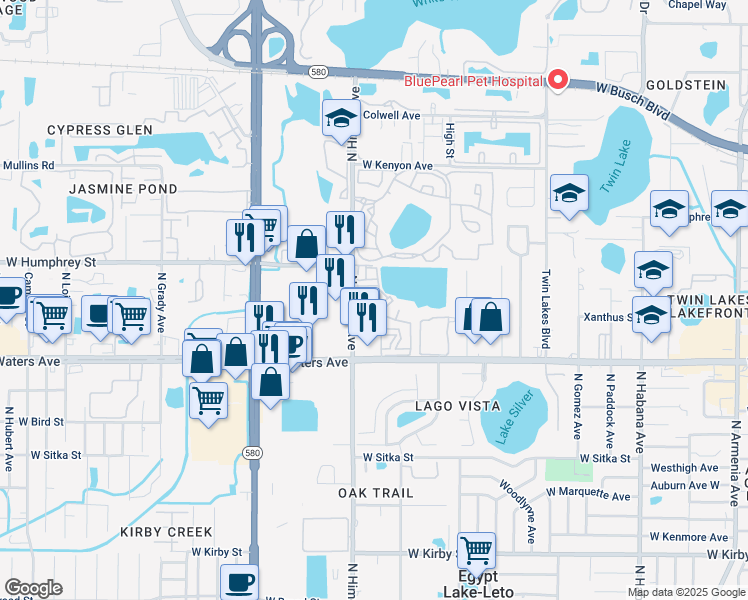 map of restaurants, bars, coffee shops, grocery stores, and more near in Tampa