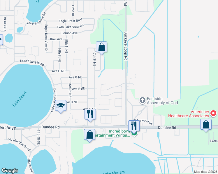 map of restaurants, bars, coffee shops, grocery stores, and more near 1347 Buckeye Trace Boulevard in Winter Haven