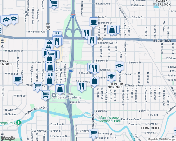 map of restaurants, bars, coffee shops, grocery stores, and more near 8514 North Mitchell Avenue in Tampa