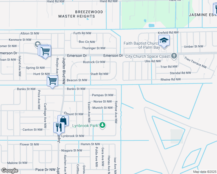 map of restaurants, bars, coffee shops, grocery stores, and more near 649 Banks Street Northwest in Palm Bay