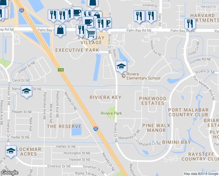 map of restaurants, bars, coffee shops, grocery stores, and more near 816 Tavernier Circle Northeast in Palm Bay