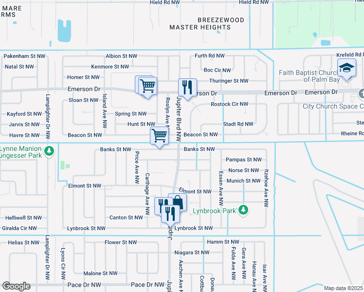 map of restaurants, bars, coffee shops, grocery stores, and more near 623 Jupiter Boulevard Northwest in Palm Bay