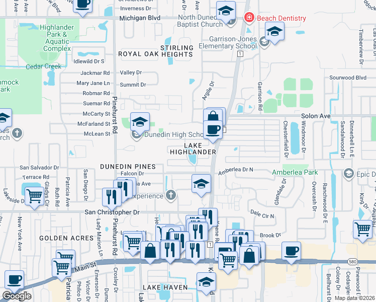 map of restaurants, bars, coffee shops, grocery stores, and more near 1500 County Road 1 in Dunedin