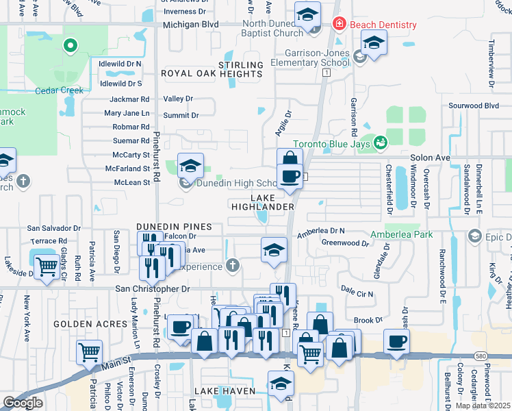 map of restaurants, bars, coffee shops, grocery stores, and more near 74 Bonnie Circle in Dunedin