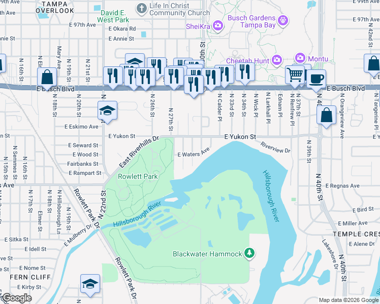 map of restaurants, bars, coffee shops, grocery stores, and more near 2809 East Waters Avenue in Tampa