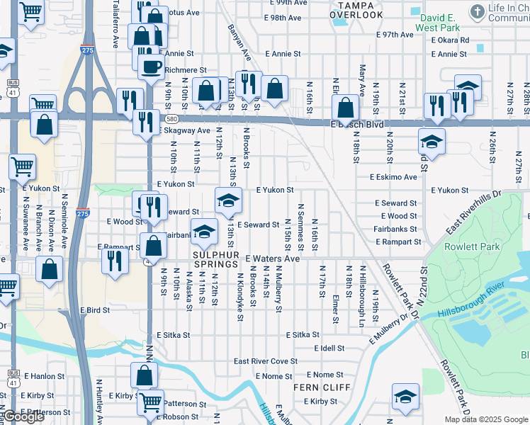 map of restaurants, bars, coffee shops, grocery stores, and more near 8508 North Mulberry Street in Tampa
