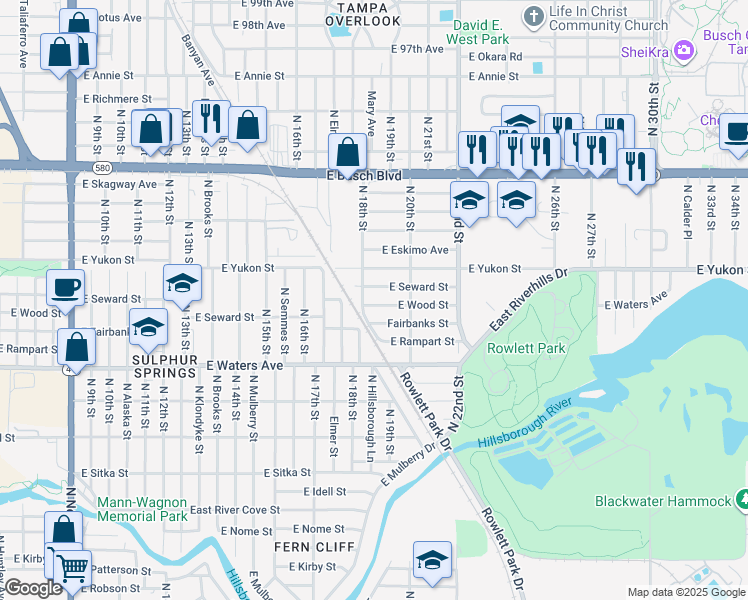 map of restaurants, bars, coffee shops, grocery stores, and more near 1806 East Wood Street in Tampa