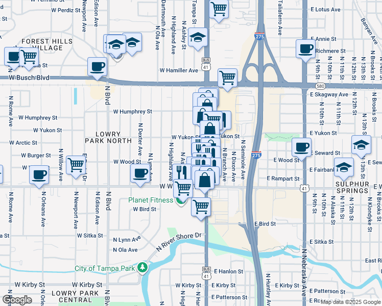map of restaurants, bars, coffee shops, grocery stores, and more near 205 West Wood Street in Tampa