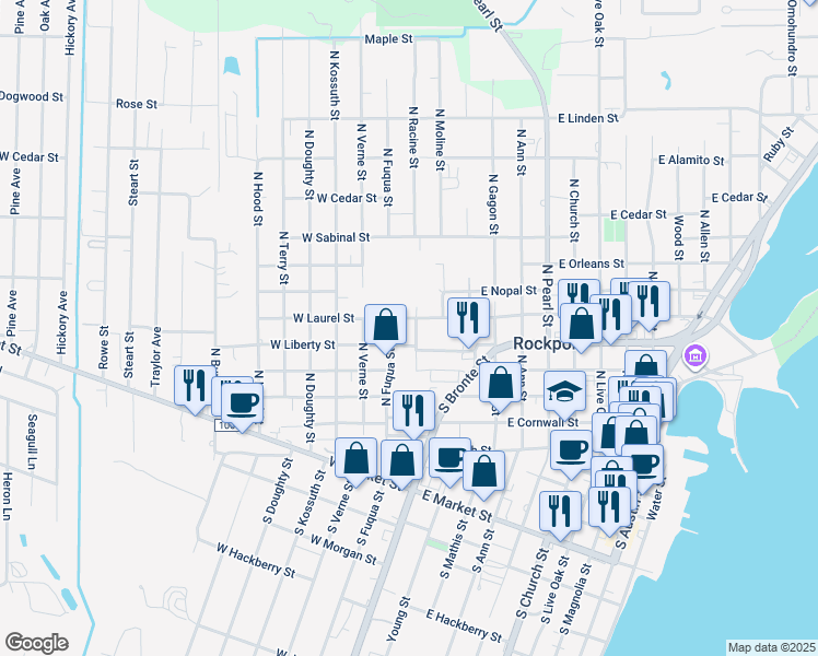 map of restaurants, bars, coffee shops, grocery stores, and more near 102 East Liberty Street in Rockport