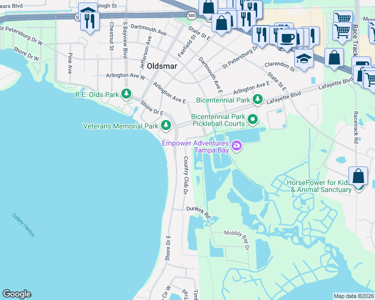 map of restaurants, bars, coffee shops, grocery stores, and more near 307 Country Club Drive in Oldsmar