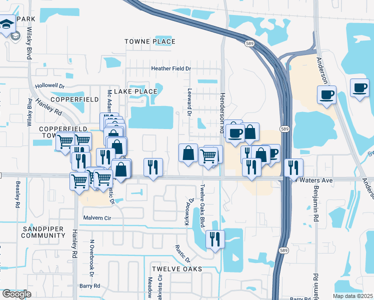 map of restaurants, bars, coffee shops, grocery stores, and more near 8501 7 Coves Court in Tampa