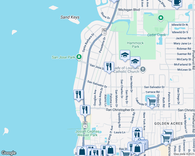map of restaurants, bars, coffee shops, grocery stores, and more near 1611 Pasadena Drive in Dunedin
