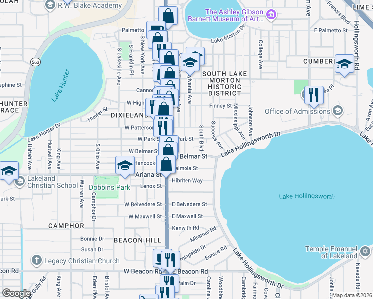 map of restaurants, bars, coffee shops, grocery stores, and more near in Lakeland