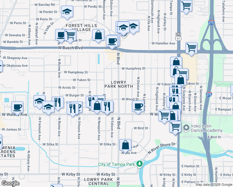 map of restaurants, bars, coffee shops, grocery stores, and more near 8505 North Edison Avenue in Tampa