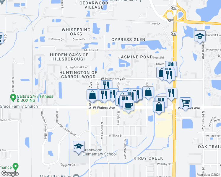 map of restaurants, bars, coffee shops, grocery stores, and more near 8418 North Lois Avenue in Tampa