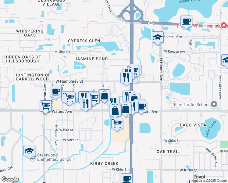 map of restaurants, bars, coffee shops, grocery stores, and more near 8501 Channelview Circle in Tampa