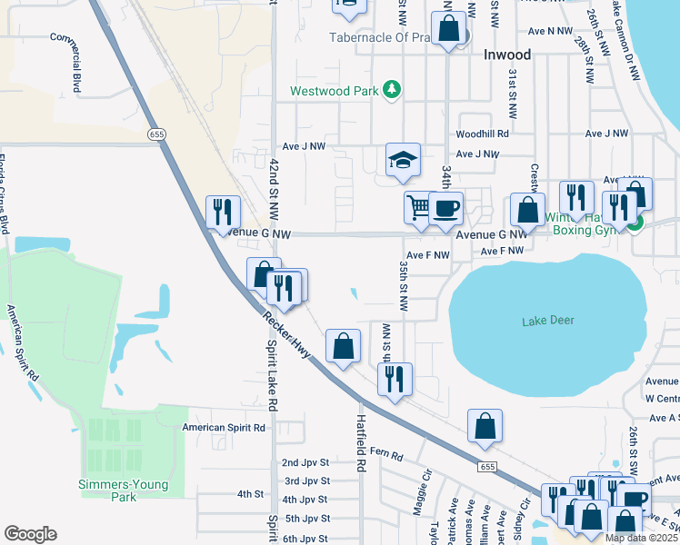 map of restaurants, bars, coffee shops, grocery stores, and more near 3900 Avenue G Northwest in Winter Haven