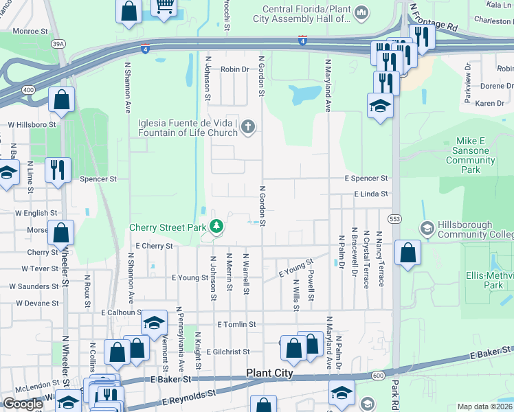 map of restaurants, bars, coffee shops, grocery stores, and more near 1400 North Gordon Street in Plant City