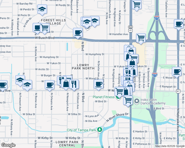 map of restaurants, bars, coffee shops, grocery stores, and more near 8503 North Otis Avenue in Tampa
