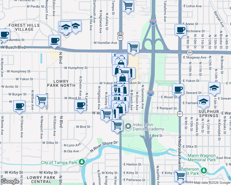 map of restaurants, bars, coffee shops, grocery stores, and more near 8502 North Florida Avenue in Tampa