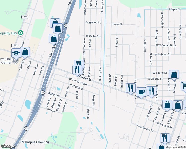 map of restaurants, bars, coffee shops, grocery stores, and more near 1230 West Market Street in Rockport
