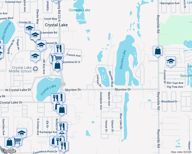 map of restaurants, bars, coffee shops, grocery stores, and more near 1307 Fairway Drive in Lakeland