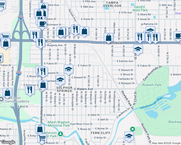 map of restaurants, bars, coffee shops, grocery stores, and more near 8506 North 15th Street in Tampa