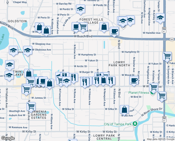 map of restaurants, bars, coffee shops, grocery stores, and more near 8507 North Orleans Avenue in Tampa