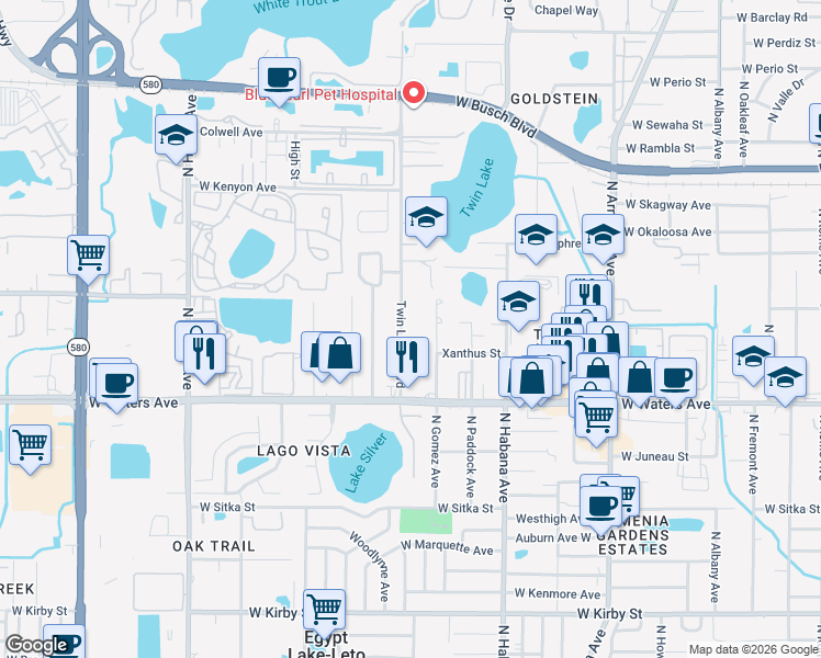 map of restaurants, bars, coffee shops, grocery stores, and more near 8504 Twin Lakes Boulevard in Tampa
