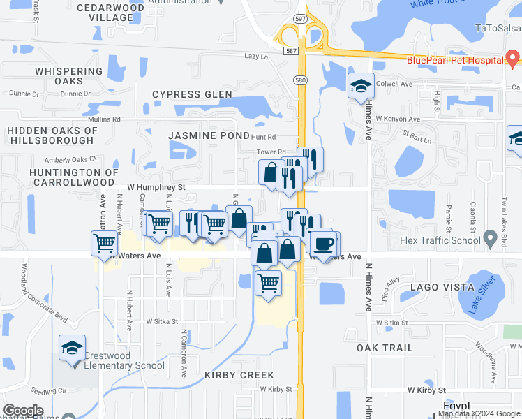 map of restaurants, bars, coffee shops, grocery stores, and more near 8501 Channelview Circle in Tampa