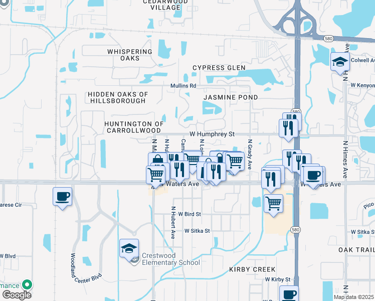 map of restaurants, bars, coffee shops, grocery stores, and more near 8420 Camden Street in Tampa