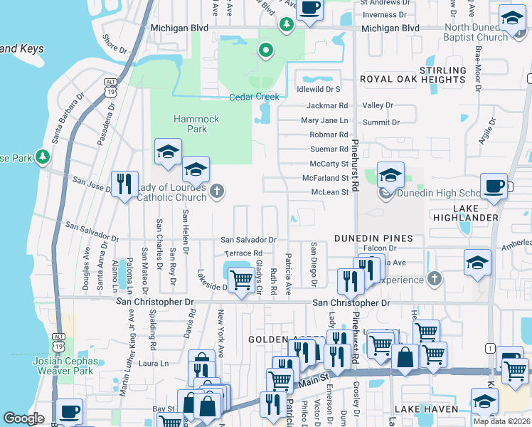 map of restaurants, bars, coffee shops, grocery stores, and more near 1624 Saint Catherine Drive East in Dunedin