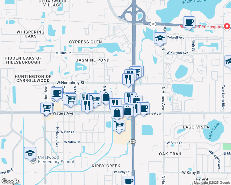 map of restaurants, bars, coffee shops, grocery stores, and more near 8582 Channelview Circle in Tampa