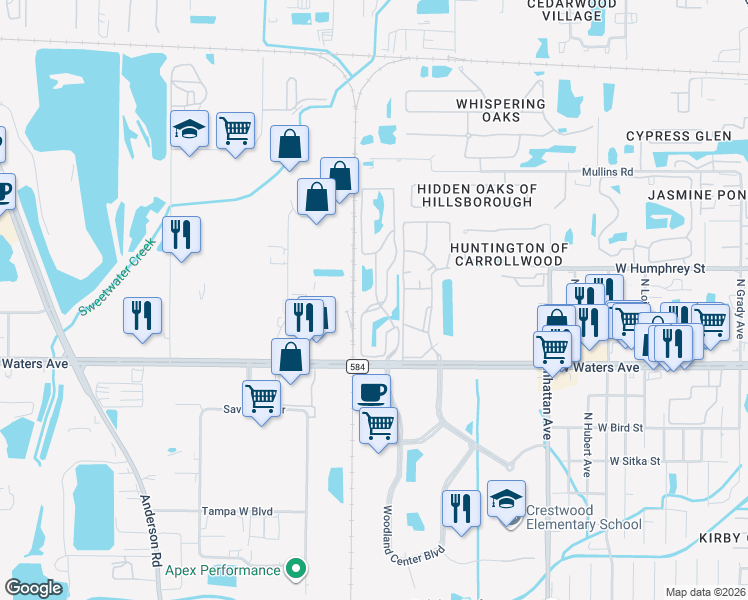 map of restaurants, bars, coffee shops, grocery stores, and more near Unnamed Road in Tampa