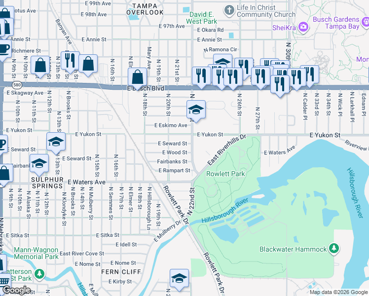 map of restaurants, bars, coffee shops, grocery stores, and more near 2014 East Wood Street in Tampa