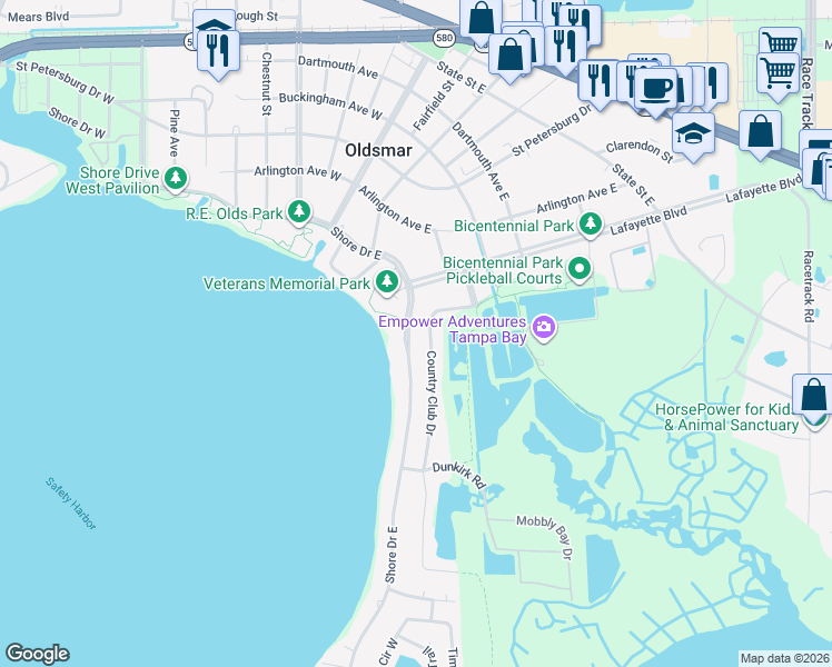 map of restaurants, bars, coffee shops, grocery stores, and more near 315 Shore Drive West in Oldsmar