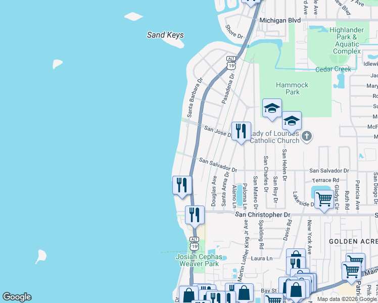 map of restaurants, bars, coffee shops, grocery stores, and more near 236 San Salvador Drive in Dunedin