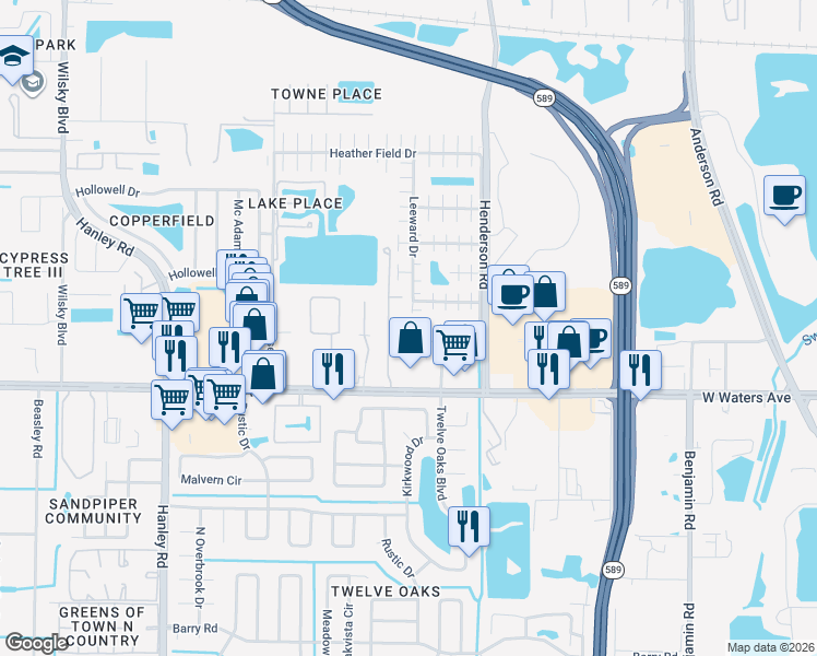 map of restaurants, bars, coffee shops, grocery stores, and more near 8506 7 Coves Court in Tampa