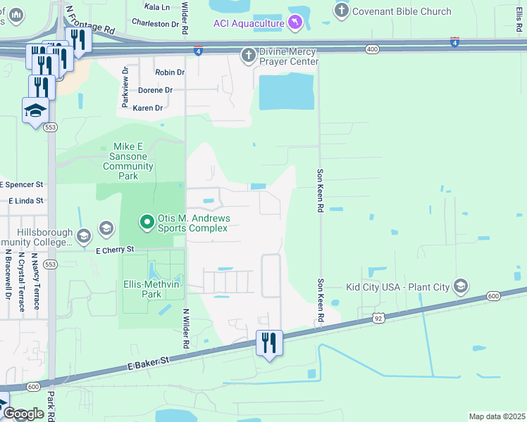 map of restaurants, bars, coffee shops, grocery stores, and more near 2919 Wilder Creek Circle in Plant City