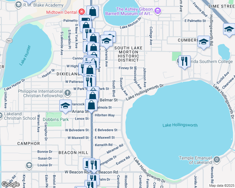 map of restaurants, bars, coffee shops, grocery stores, and more near 408 East Belmar Street in Lakeland