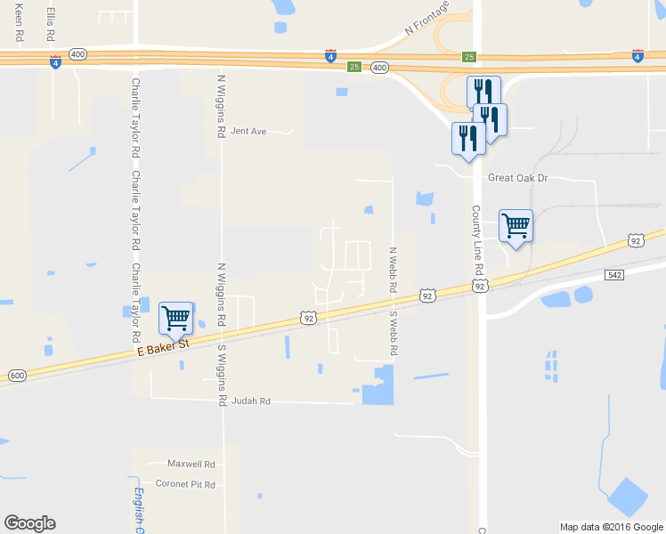 map of restaurants, bars, coffee shops, grocery stores, and more near 400 Parkwood Estates Drive in Plant City