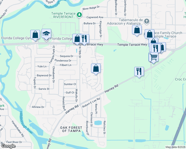 map of restaurants, bars, coffee shops, grocery stores, and more near 7906 Tangerine Drive in Temple Terrace