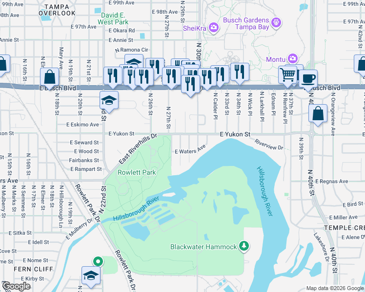 map of restaurants, bars, coffee shops, grocery stores, and more near 2809 East Waters Avenue in Tampa