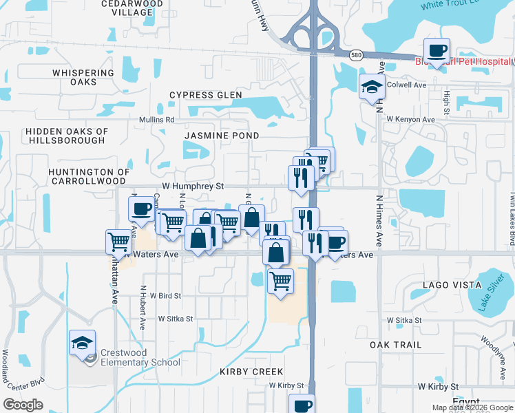 map of restaurants, bars, coffee shops, grocery stores, and more near 8423 North Grady Avenue in Tampa
