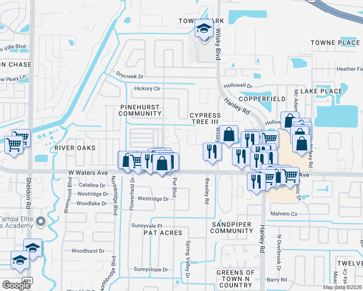 map of restaurants, bars, coffee shops, grocery stores, and more near 7720 Brettonwood Drive in Tampa