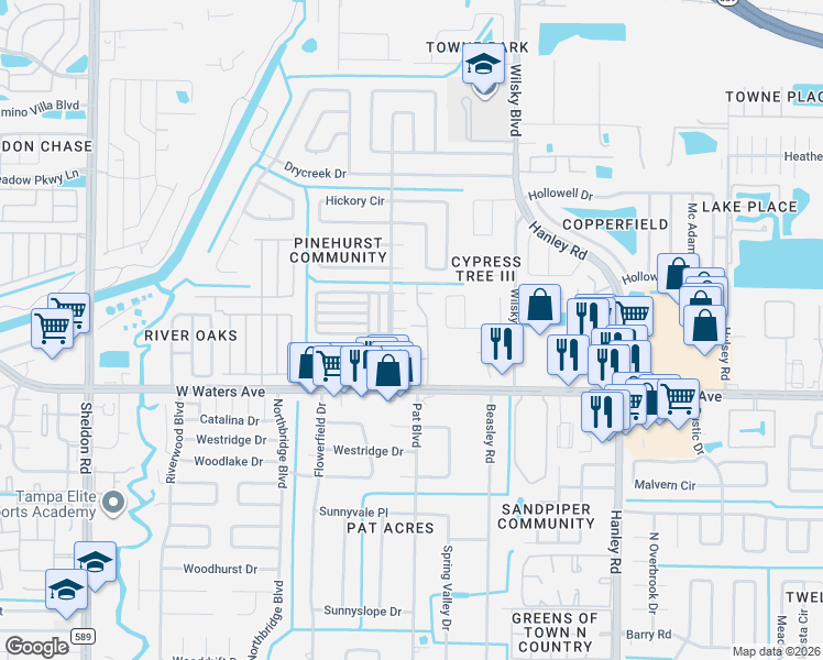 map of restaurants, bars, coffee shops, grocery stores, and more near 8201 Woodgate Court in Tampa